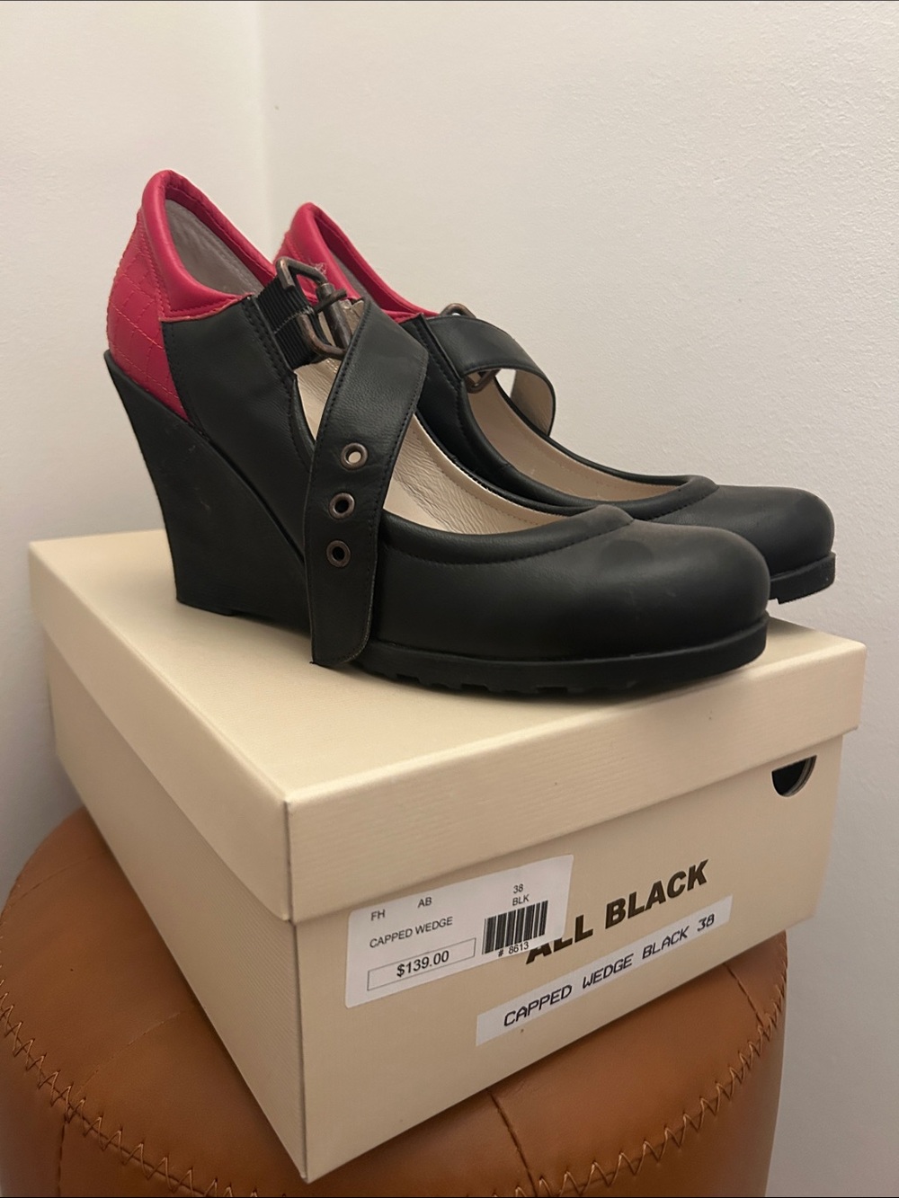 Black Wedge Mary Jane with Pink Heel Accent — Women's Wedges